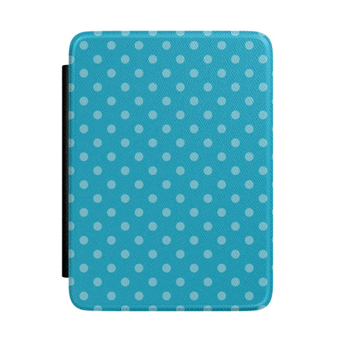 Bright turquoise Kindle Paperwhite case with pale blue polka dots front cover — Quiet Bookish retro gift