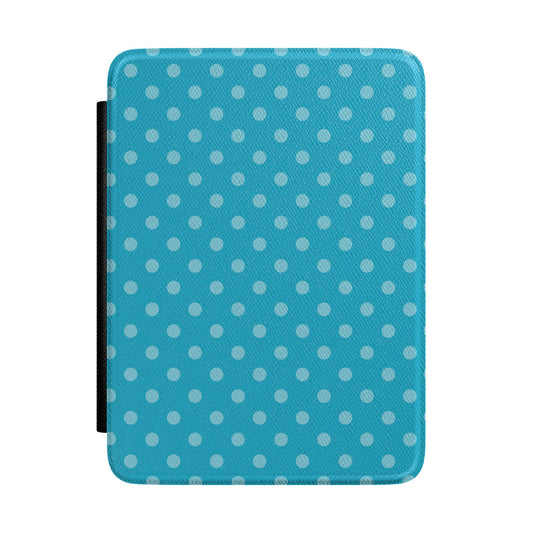 Bright turquoise Kindle Paperwhite case with pale blue polka dots front cover — Quiet Bookish retro gift