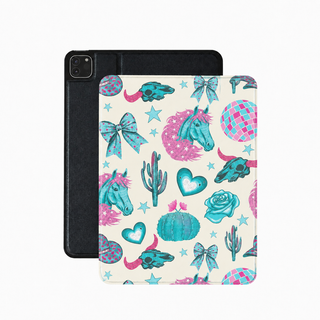 Turquoise Rodeo iPad case in cream with turquoise horses and pink disco balls