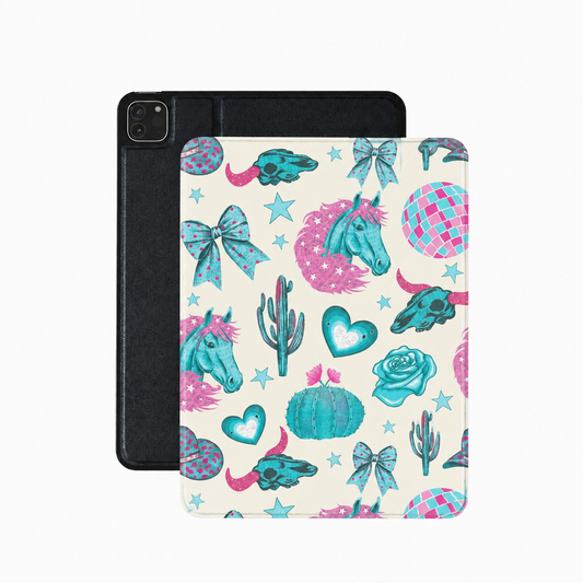Turquoise Rodeo iPad case in cream with turquoise horses and pink disco balls