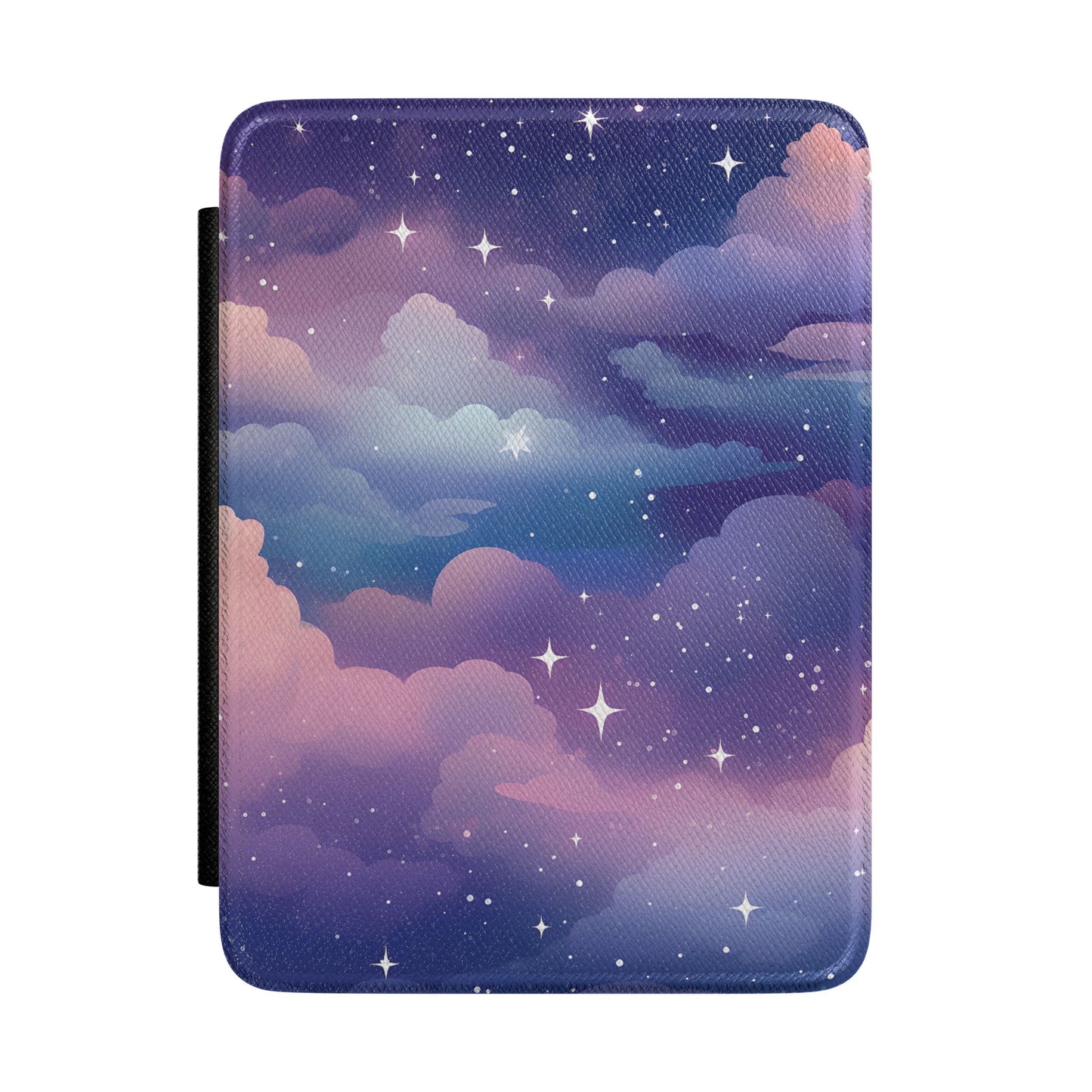 Violet twilight sky Kindle Paperwhite case with pink clouds and sparkle stars front cover — Dark Romantasy celestial gift