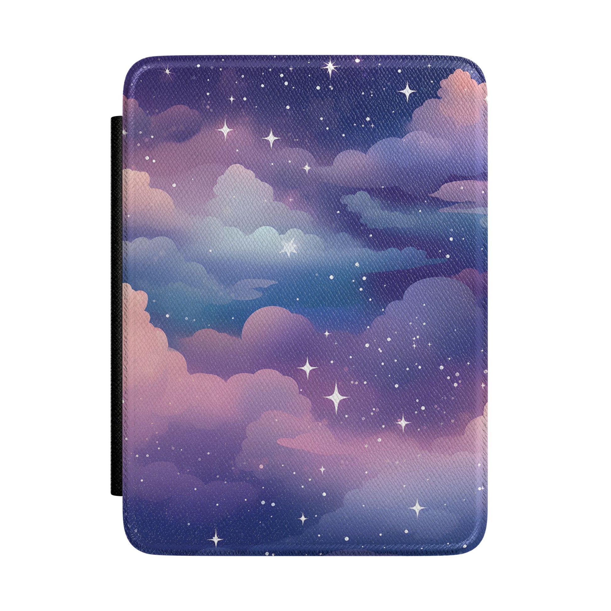 Violet twilight sky Kindle Paperwhite case with pink clouds and sparkle stars front cover — Dark Romantasy celestial gift