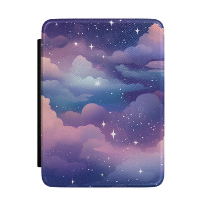 Violet twilight sky Kindle Paperwhite case with pink clouds and sparkle stars front cover — Dark Romantasy celestial gift