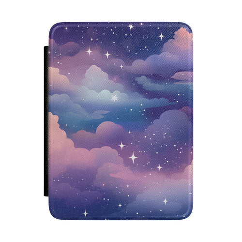 Violet twilight sky Kindle Paperwhite case with pink clouds and sparkle stars front cover — Dark Romantasy celestial gift