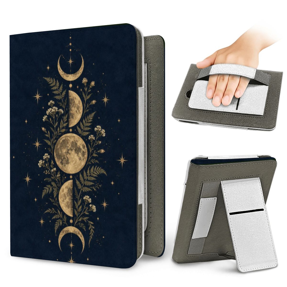Midnight Moon Phases Kindle case — elastic hand strap and fold-out stand on the back