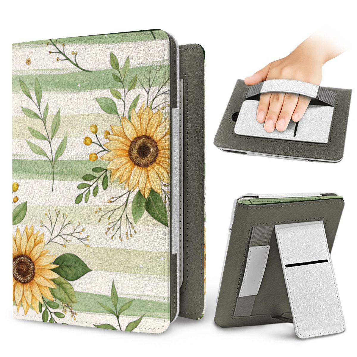 Sunflower Stripe Kindle case — elastic hand strap and fold-out stand on the back