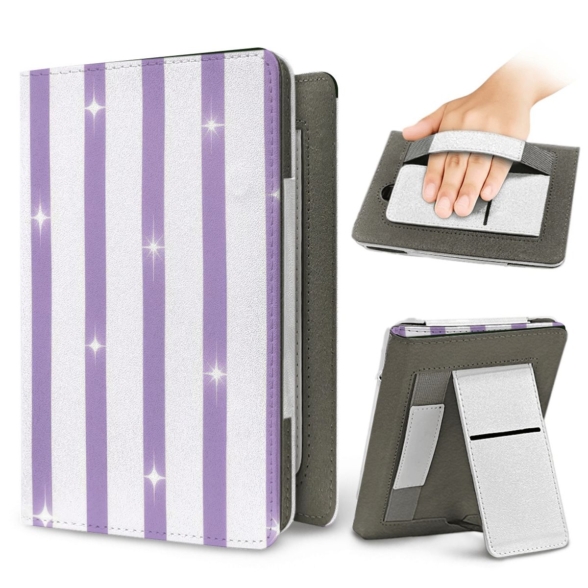 Lilac Sparkle Stripe Kindle case — elastic hand strap and fold-out stand on the back