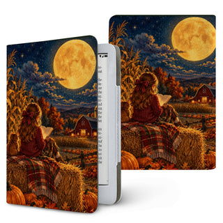 Harvest Moon Reader Kindle case — girl reading on a hay bale under a glowing harvest moon, printed front and back