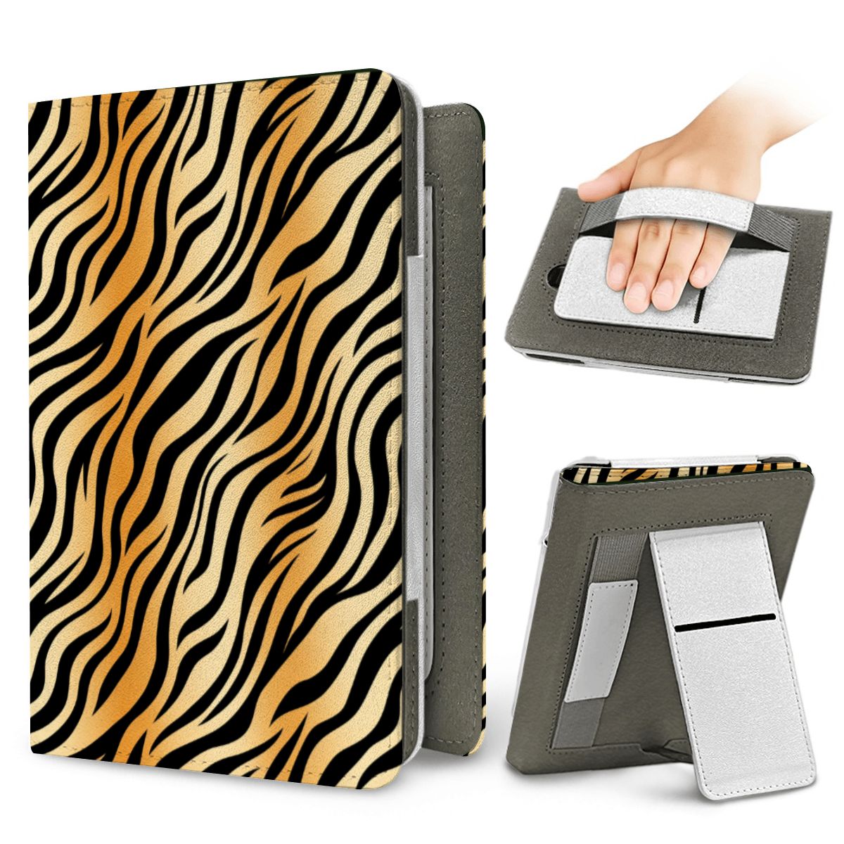 Tiger Stripe Kindle case — elastic hand strap and fold-out stand on the back