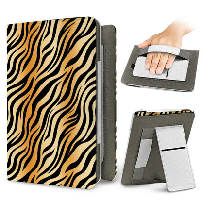 Tiger Stripe Kindle case — elastic hand strap and fold-out stand on the back