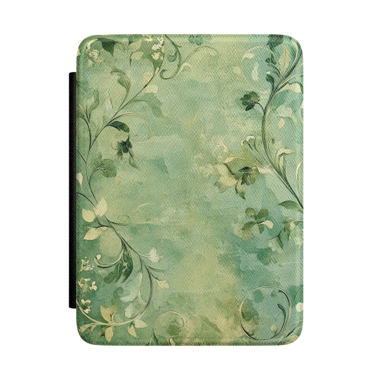 Weathered sage green Kindle Paperwhite case with vine scrollwork front cover — Jardin Secret antique gift
