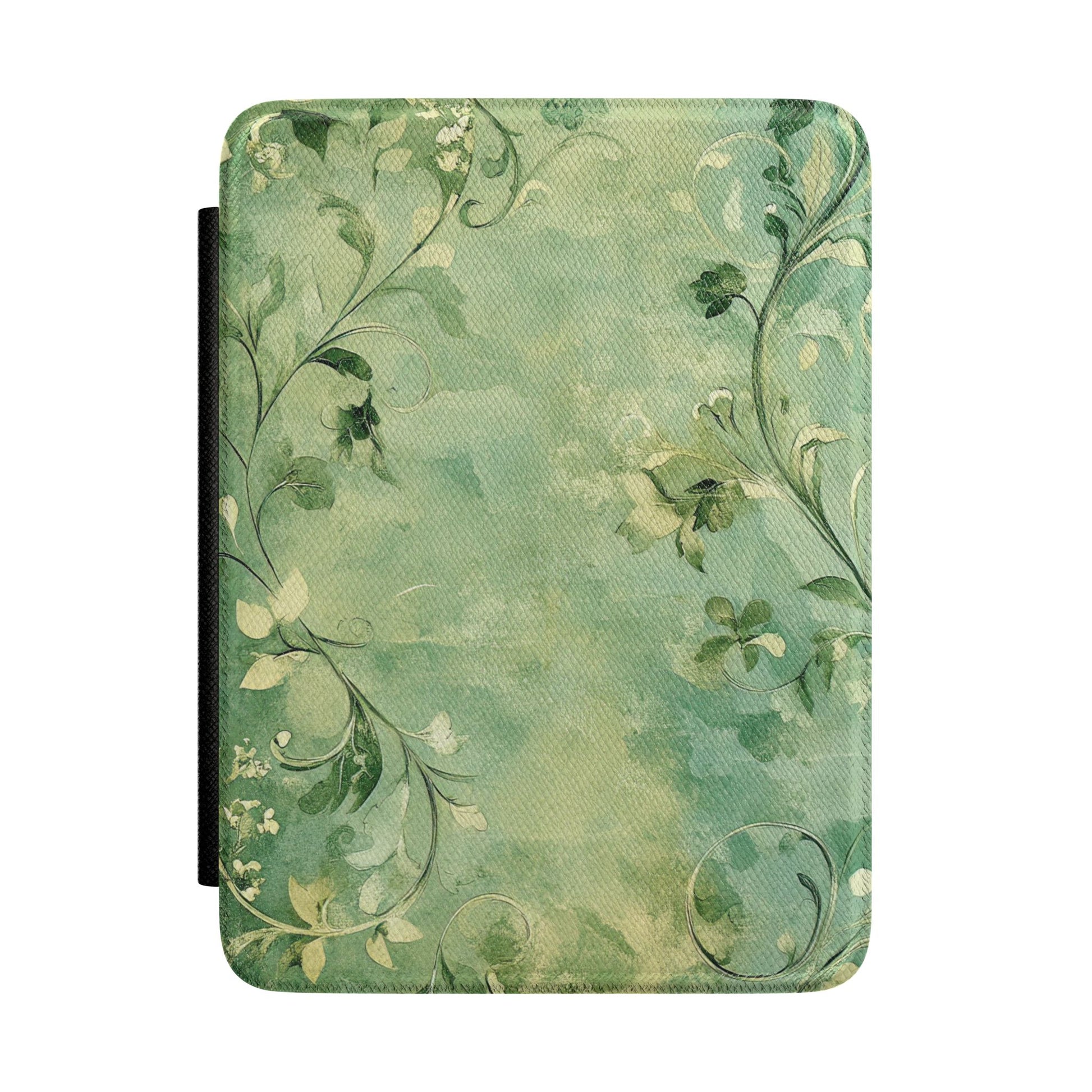 Weathered sage green Kindle Paperwhite case with vine scrollwork front cover — Jardin Secret antique gift