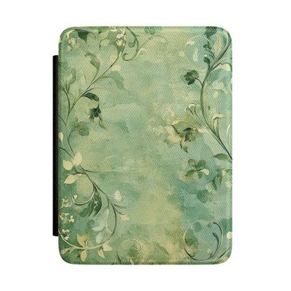 Weathered sage green Kindle Paperwhite case with vine scrollwork front cover — Jardin Secret antique gift