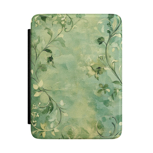 Weathered sage green Kindle Paperwhite case with vine scrollwork front cover — Jardin Secret antique gift
