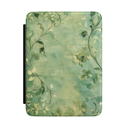 Weathered sage green Kindle Paperwhite case with vine scrollwork front cover — Jardin Secret antique gift