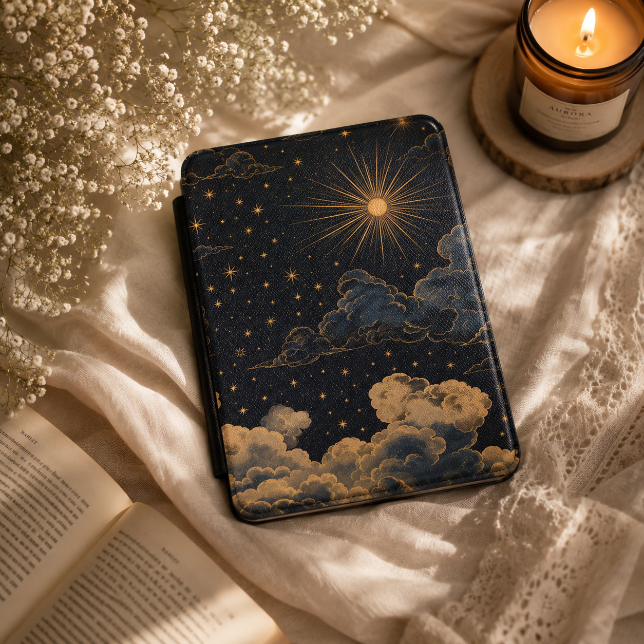 Vintage Celestial Sun Kindle case shown at an angle