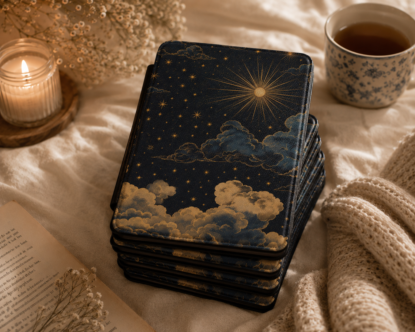 Close-up of Vintage Celestial Sun Saffiano Kindle case