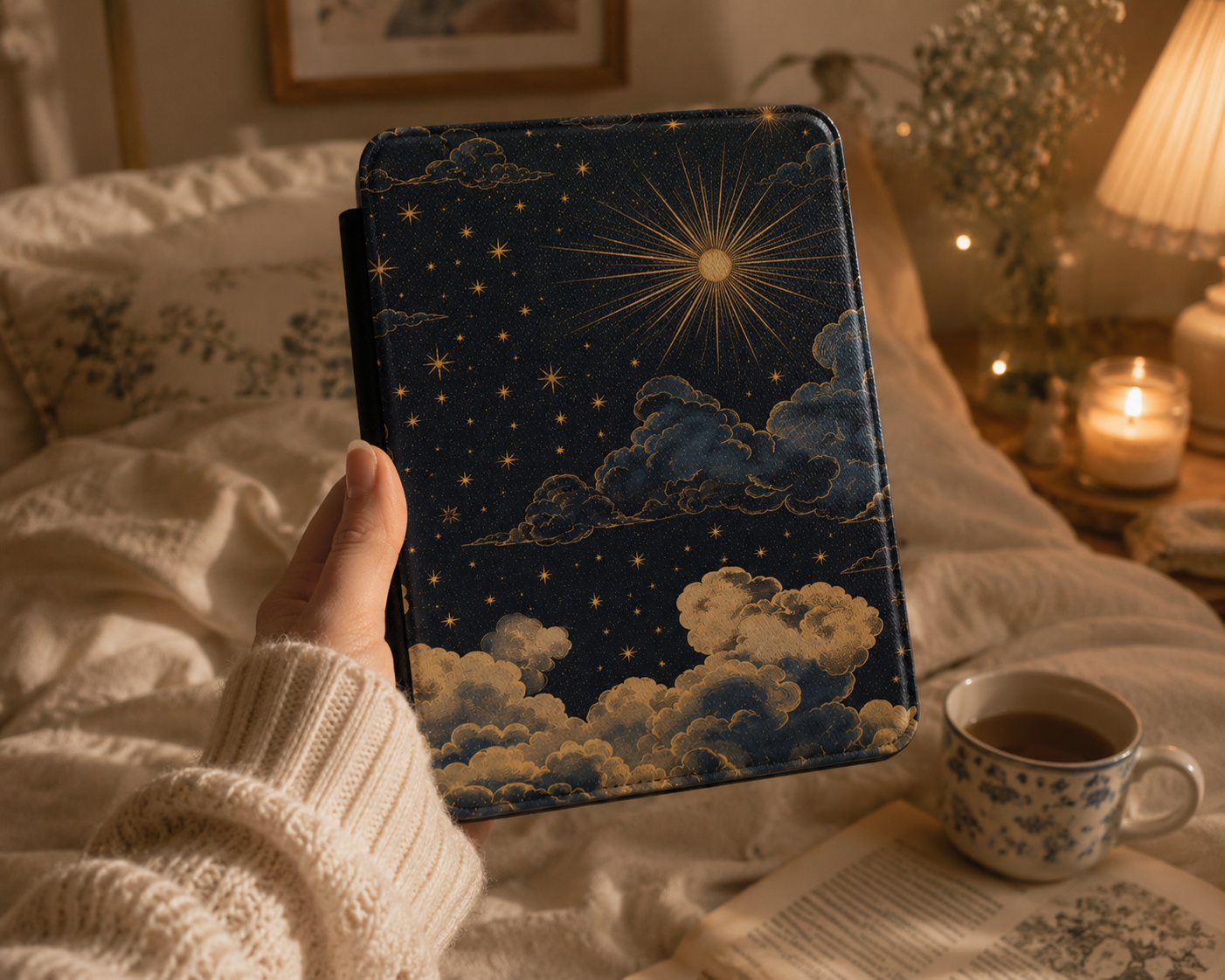 Vintage Celestial Sun Kindle case open showing e-ink Kindle on right interior panel