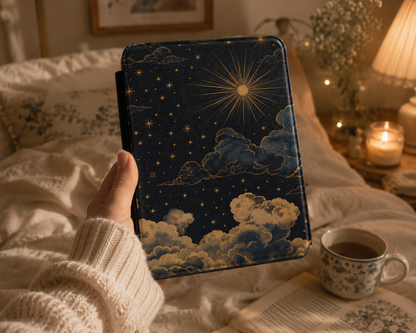 Vintage Celestial Sun Kindle case open showing e-ink Kindle on right interior panel