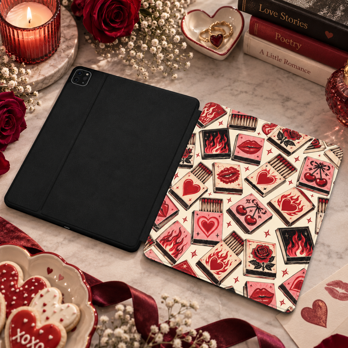 Vintage Matchbook iPad case shown front and back — printed front cover, plain black back