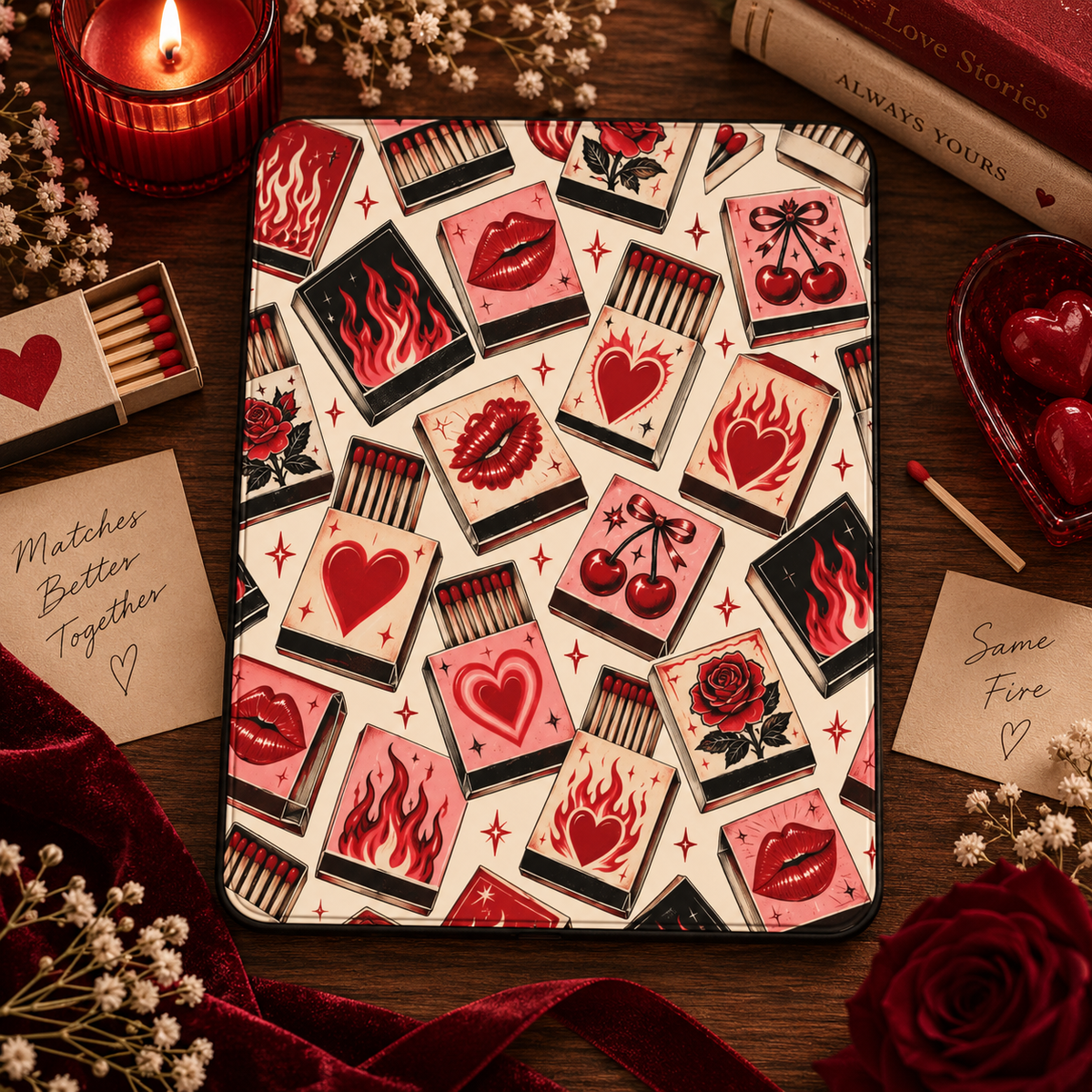 Vintage Matchbook iPad case styled with a red candle, matches and red roses