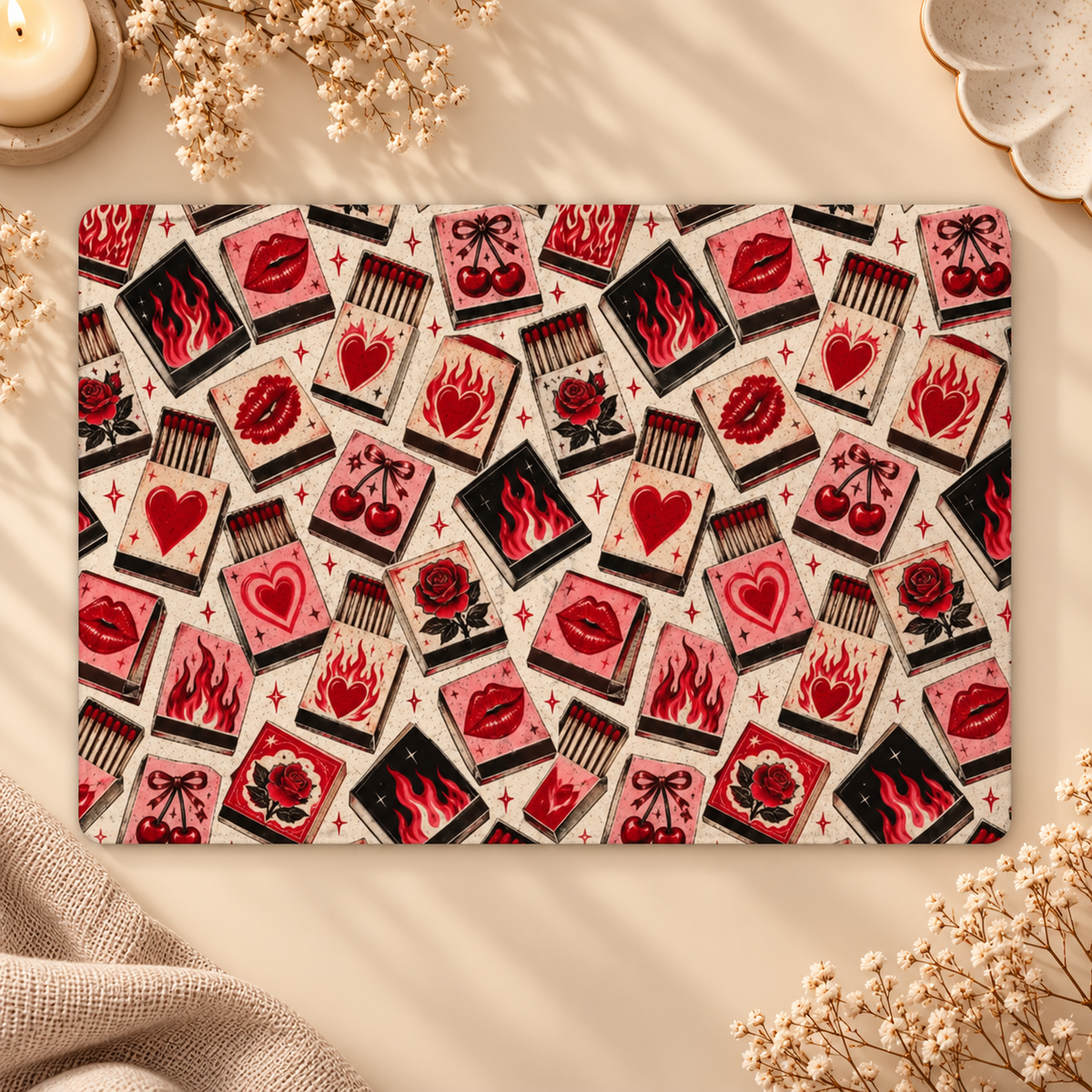 Vintage Matchbook Kindle case opened flat, front and back — matchbooks with lips, flames, roses and cherries on cream