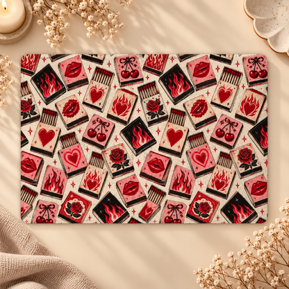 Vintage Matchbook Kindle case opened flat, front and back — matchbooks with lips, flames, roses and cherries on cream