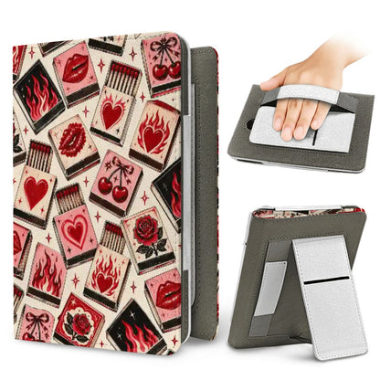 Vintage Matchbook Kindle case — elastic hand strap and fold-out stand on the back