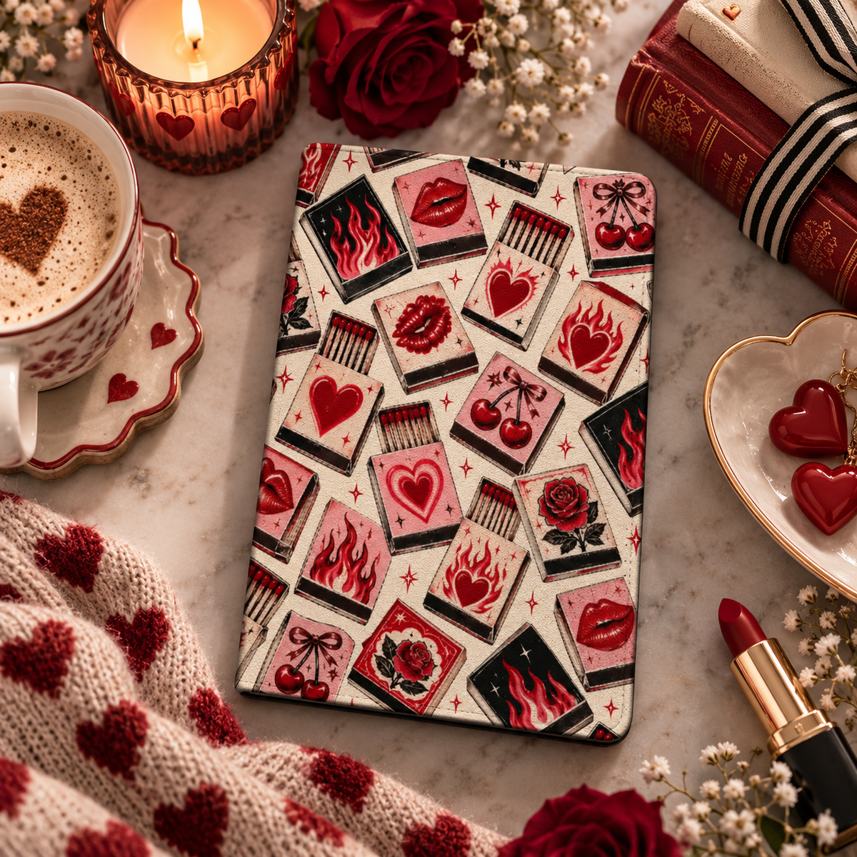 Vintage Matchbook Kindle case — red and pink matchbooks, styled with a latte, red lipstick, roses and a candle