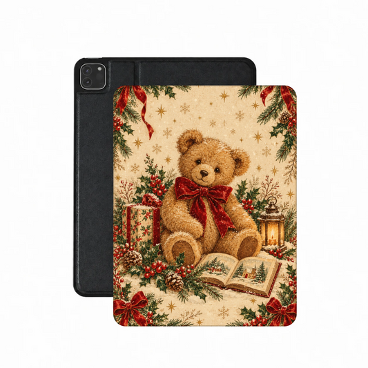 Vintage Teddy Bear iPad case — plush teddy bear with a red velvet bow, present and storybook, printed front cover over the plain black back