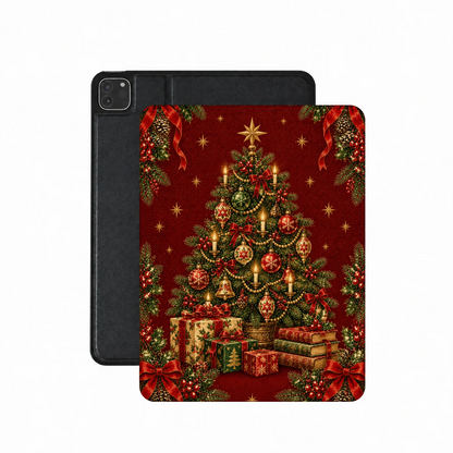Vintage Tree & Books iPad case — decorated vintage Christmas tree with presents and a stack of books, printed front cover over the plain black back