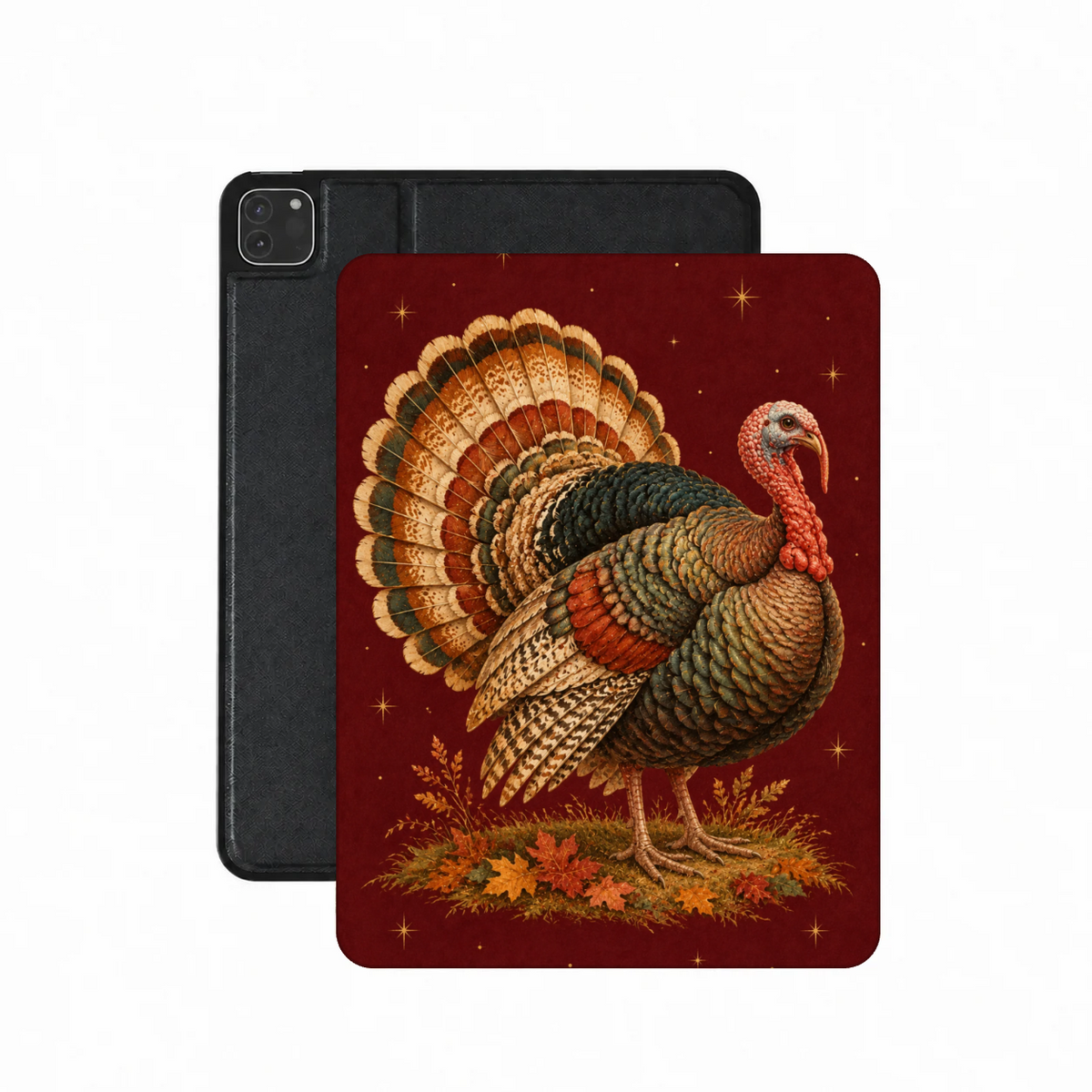Vintage Turkey iPad case — ornate Victorian-postcard turkey on deep burgundy, printed front cover over the plain black back
