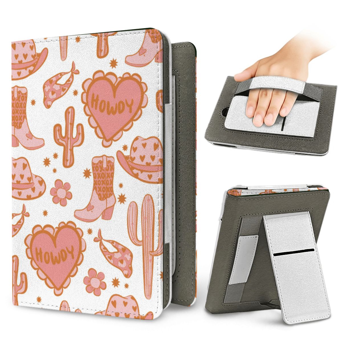 Howdy Western Kindle case — elastic hand strap and fold-out stand on the back