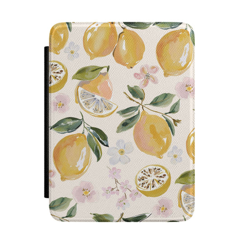 Cream Kindle Paperwhite case with watercolour lemons and blossoms front cover — Jardin Secret citrus gift