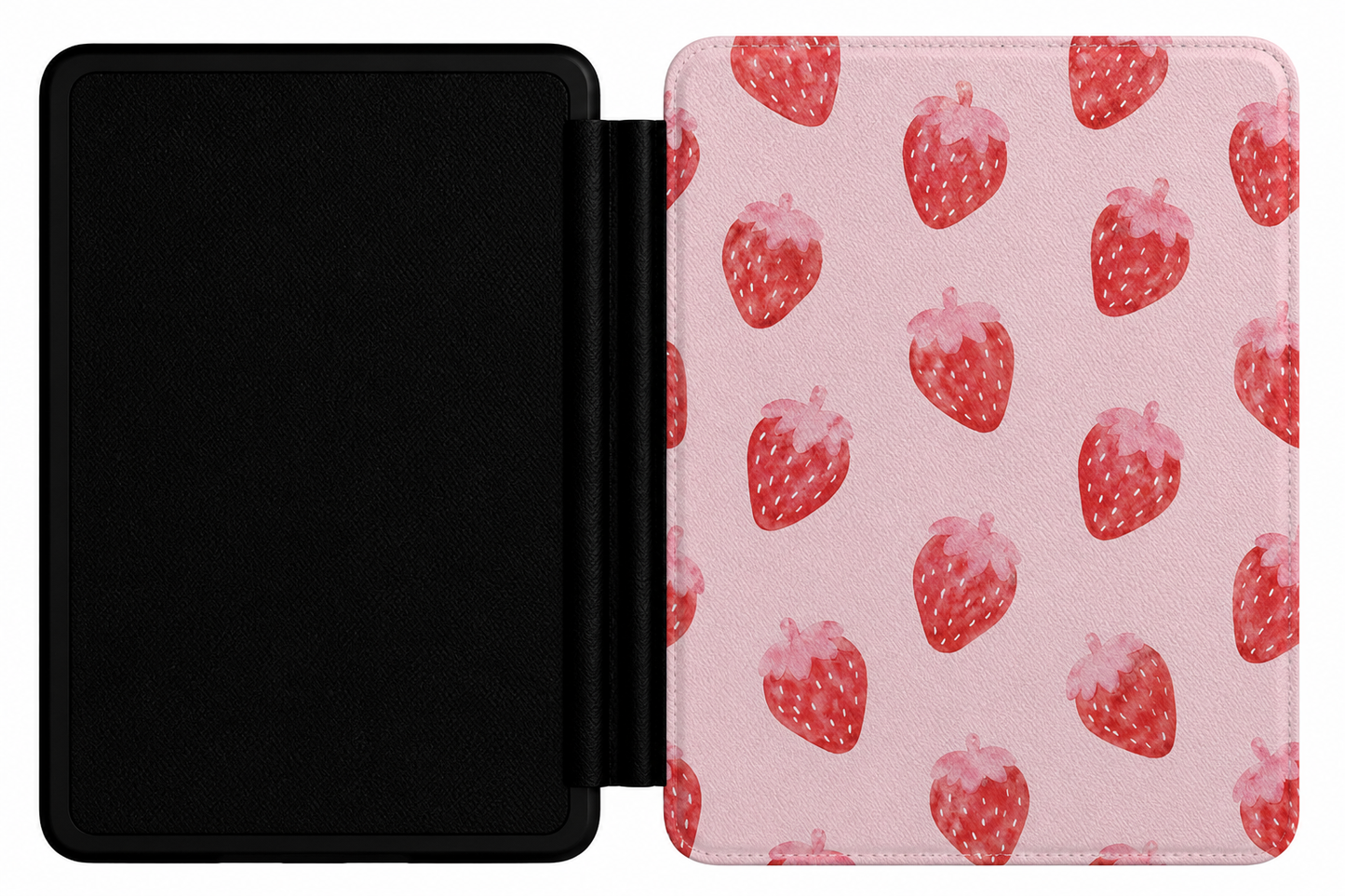 Watercolour Strawberry Kindle case shown at an angle