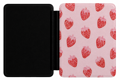 Watercolour Strawberry Kindle case shown at an angle
