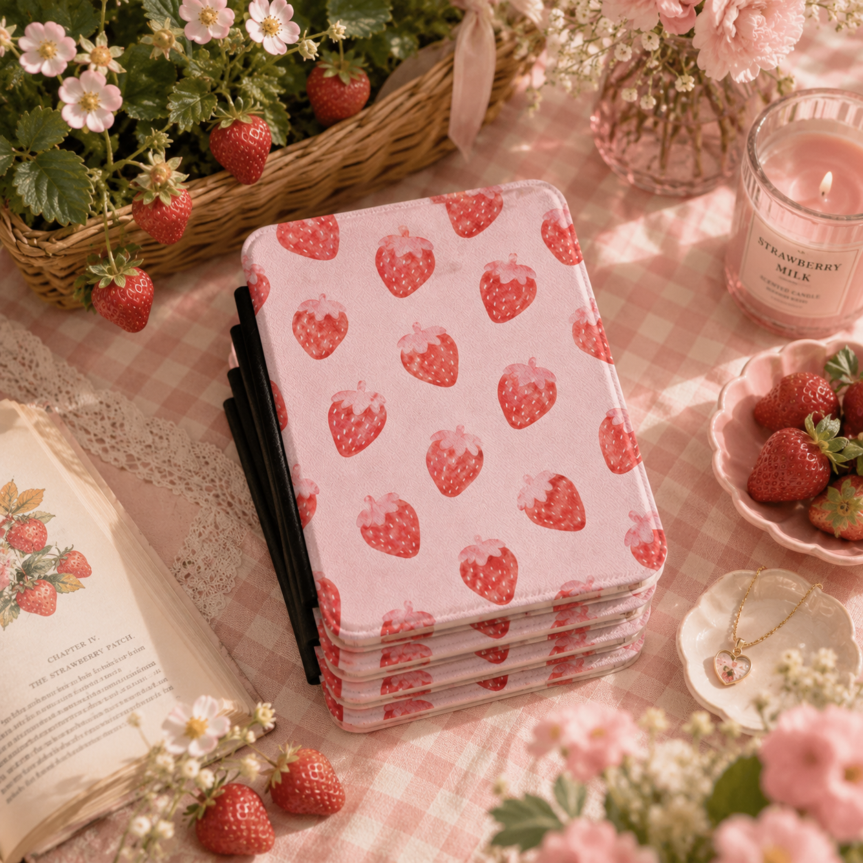Close-up of Watercolour Strawberry Saffiano Kindle case