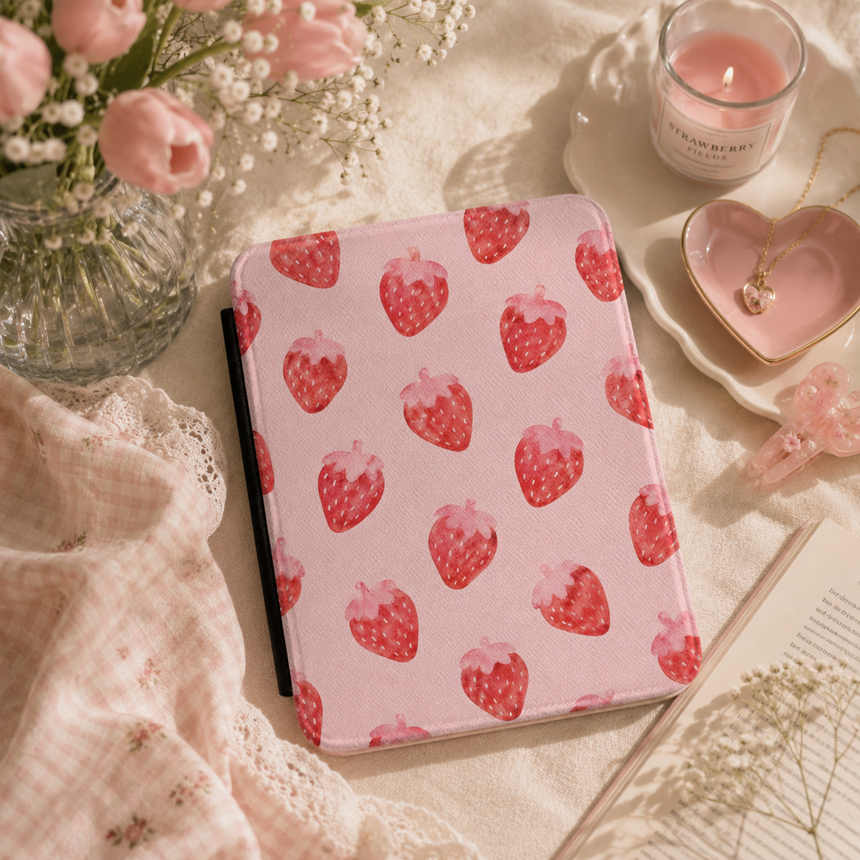 Watercolour Strawberry Kindle case front cover — watercolour strawberry print