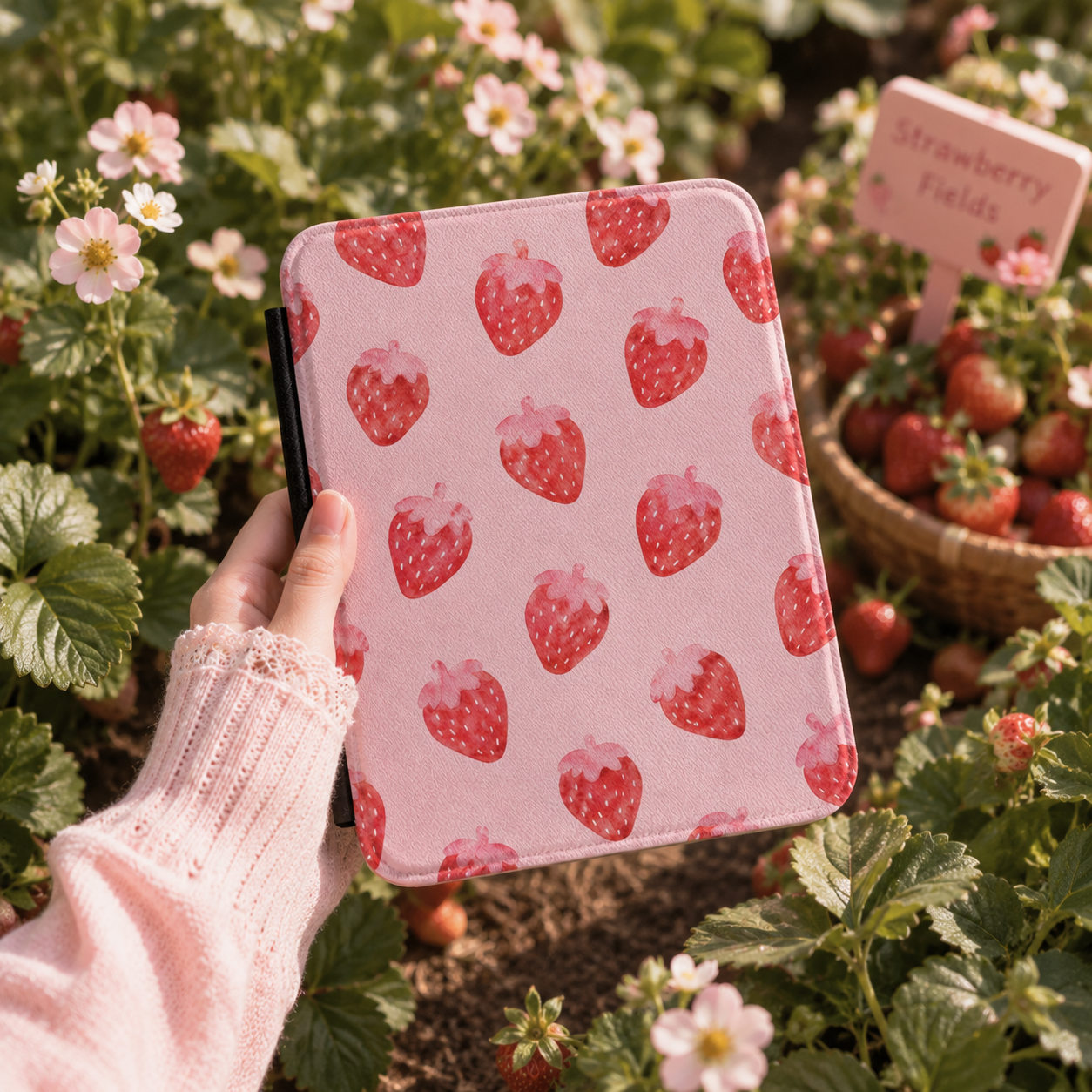 Watercolour Strawberry Kindle case open showing e-ink Kindle on right interior panel