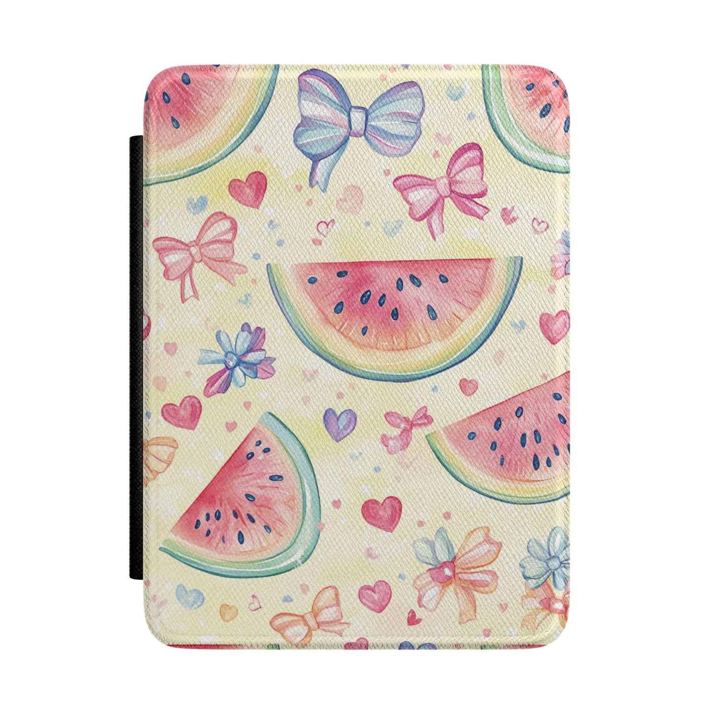 Butter yellow Kindle Paperwhite case with watercolour watermelons and bows front cover — Coquette Reader summer gift