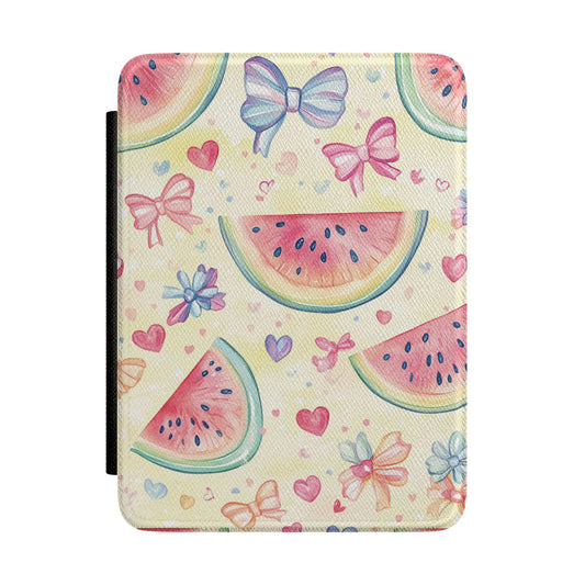 Butter yellow Kindle Paperwhite case with watercolour watermelons and bows front cover — Coquette Reader summer gift