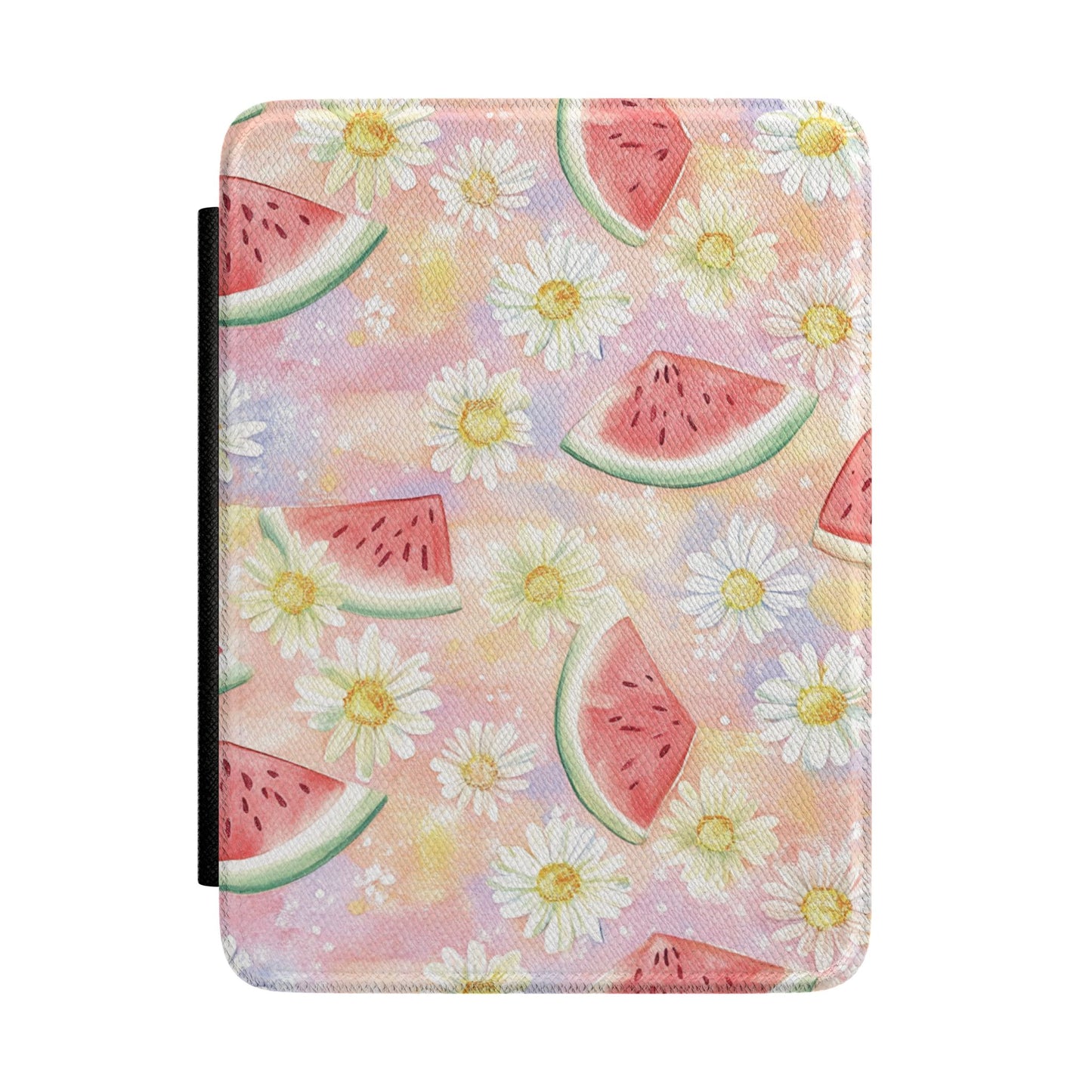 Pastel Kindle Paperwhite case with watercolour watermelons and white daisies front cover — Coquette Reader summer gift