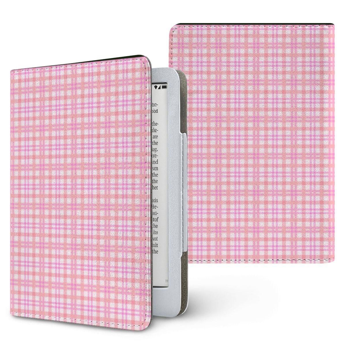 Pink Gingham Kindle case — pink check, printed front and back