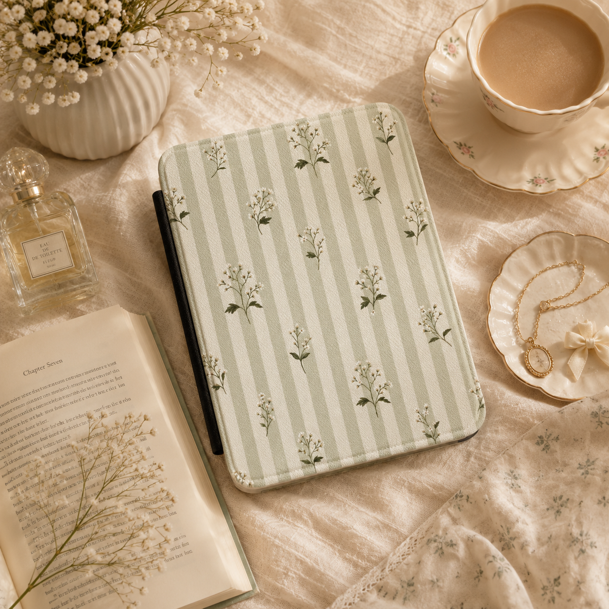 Wildflower Stripe Kindle case shown at an angle