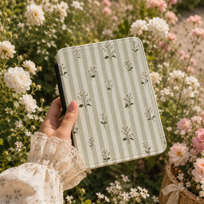Wildflower Stripe Kindle case open showing e-ink Kindle on right interior panel