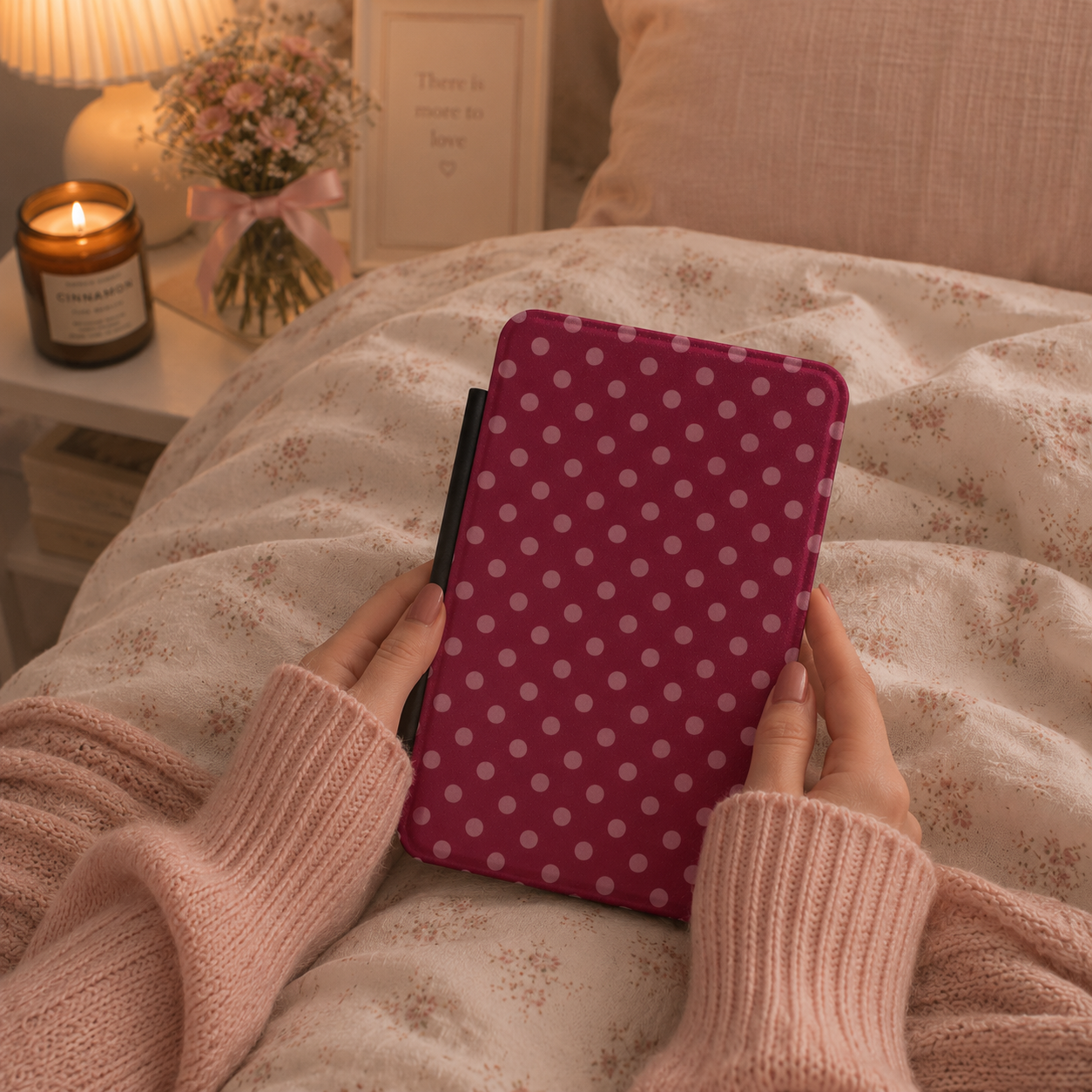 Wine polka dot Kindle case front cover close-up — Quiet Bookish dusty rose print