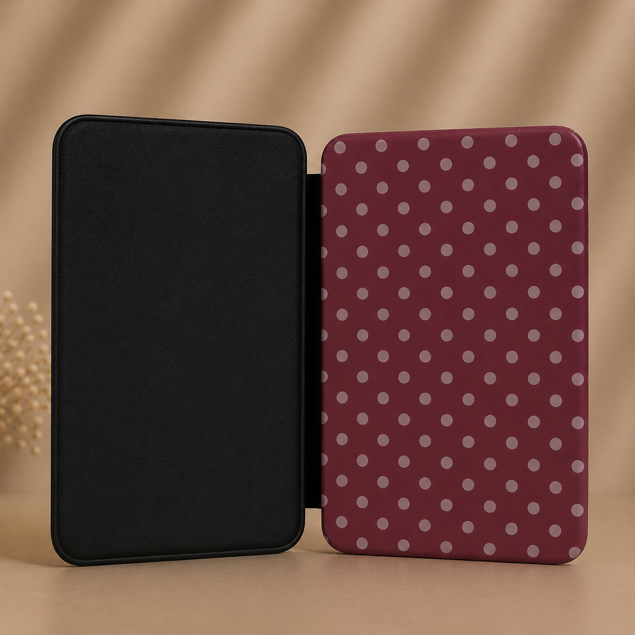 Wine polka dot Kindle case with elastic hand strap — Quiet Bookish autumnal print