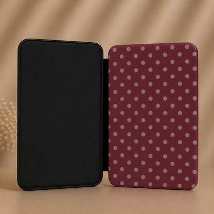 Wine polka dot Kindle case with elastic hand strap — Quiet Bookish autumnal print