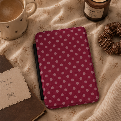 Wine red polka dot Kindle case open showing black interior — Quiet Bookish autumnal