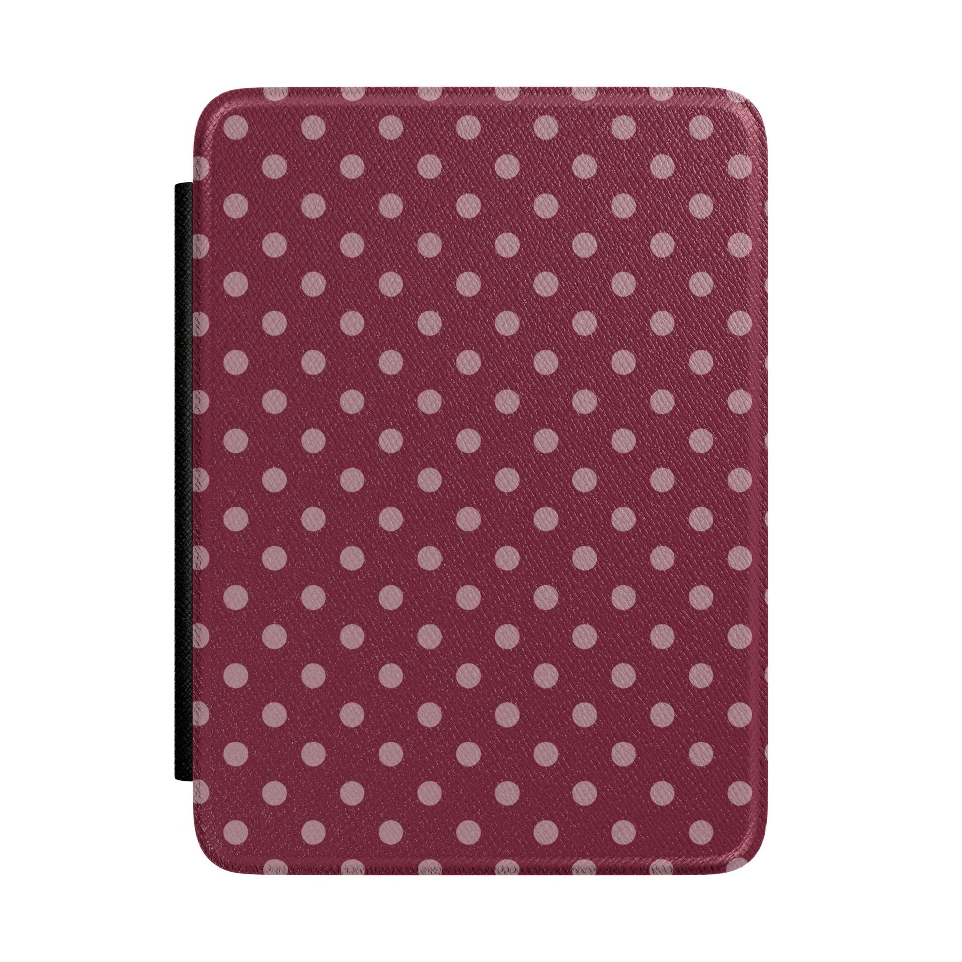 Deep wine red Kindle Paperwhite case with dusty rose polka dots front cover — Quiet Bookish autumnal gift